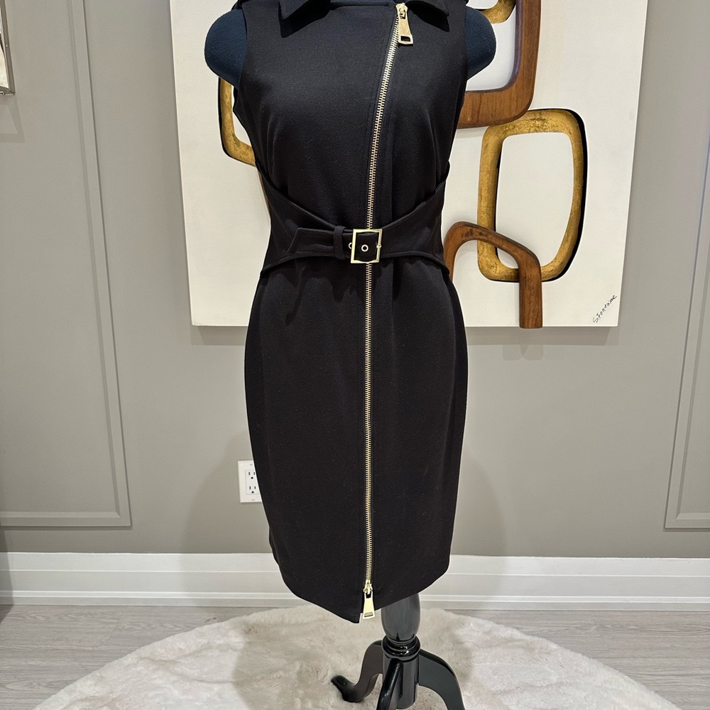 Calvin Klein Black Midi Dress with Gold Zipper double large gold zipper & buckle